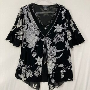 Vintage “Appointments” Black & White Floral V-Neck Blouse with Tie Detail